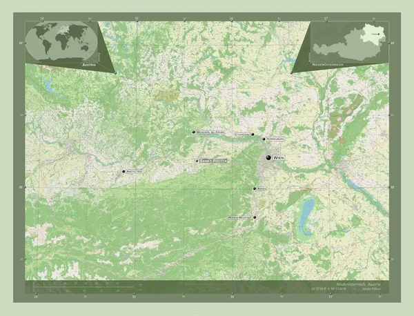 Niederosterreich 奥地利国 开放街道地图 该区域主要城市的地点和名称 角辅助位置图 — 图库照片