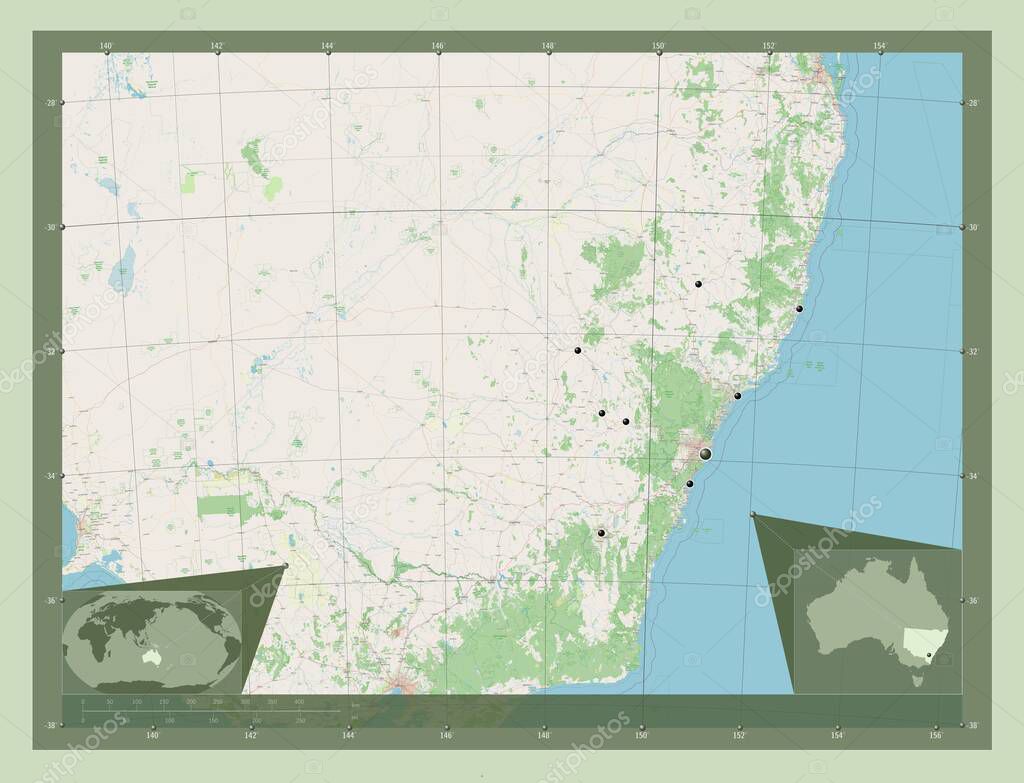 New South Wales, state of Australia. Open Street Map. Locations of major cities of the region. Corner auxiliary location maps