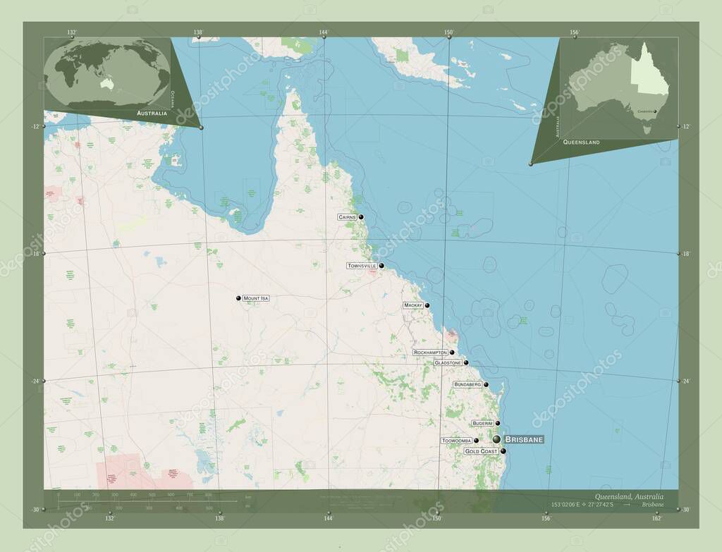 Queensland, state of Australia. Open Street Map. Locations and names of major cities of the region. Corner auxiliary location maps
