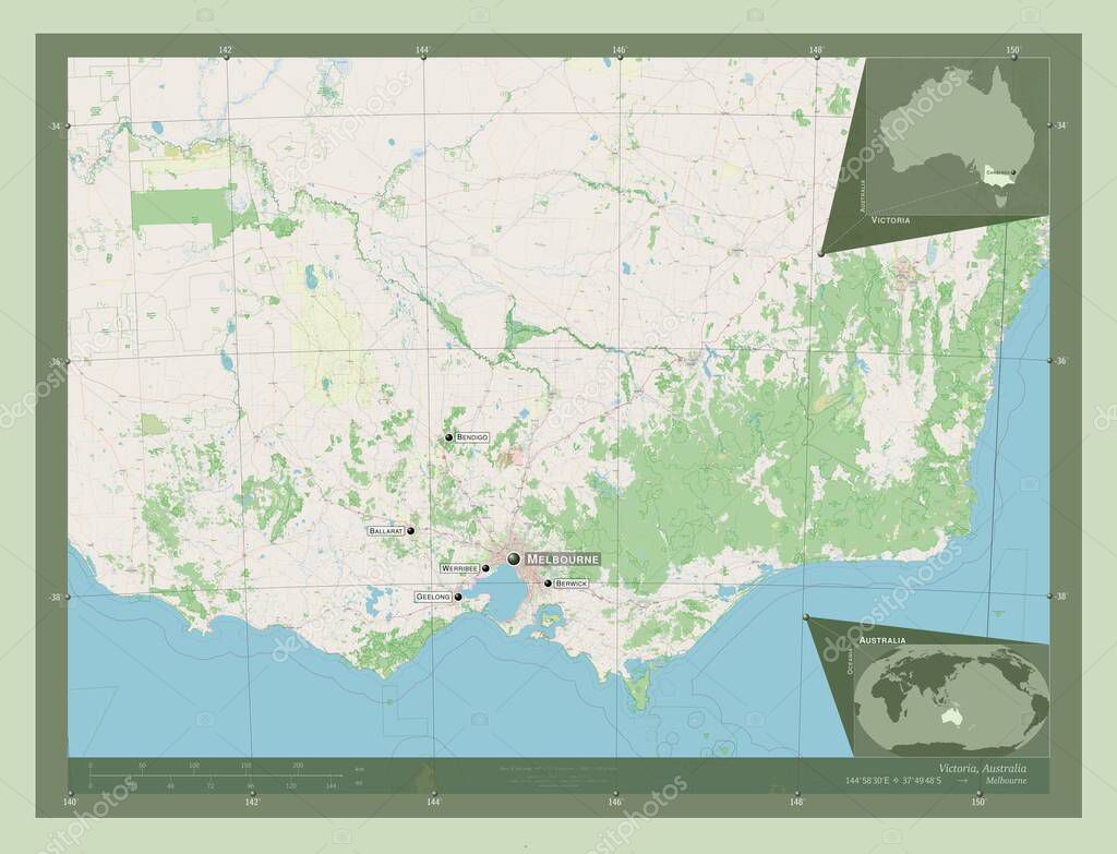 Victoria, state of Australia. Open Street Map. Locations and names of major cities of the region. Corner auxiliary location maps