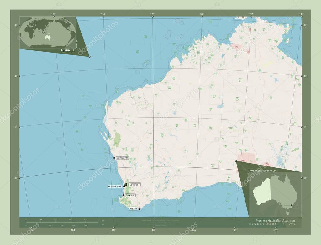 Western Australia, state of Australia. Open Street Map. Locations and names of major cities of the region. Corner auxiliary location maps