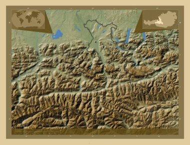 Salzburg, Avusturya eyaleti. Gölleri ve nehirleri olan renkli yükseklik haritası. Köşedeki yedek konum haritaları