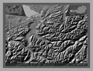 Vorarlberg, Avusturya Eyaleti. Göllü ve nehirli çift katlı yükseklik haritası. Bölgenin büyük şehirlerinin yerleri ve isimleri. Köşedeki yedek konum haritaları