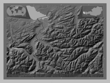 Vorarlberg, Avusturya Eyaleti. Gölleri ve nehirleri olan gri tonlama yükseklik haritası. Köşedeki yedek konum haritaları