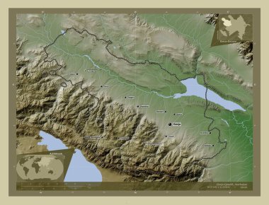 Ganja-Kazak, Azerbaycan bölgesi. Yükseklik haritası göller ve nehirlerle wiki tarzında renklendirilmiş. Bölgenin büyük şehirlerinin yerleri ve isimleri. Köşedeki yedek konum haritaları