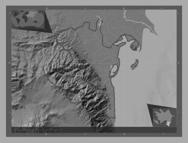 Lankaran, Azerbaycan bölgesi. Göllü ve nehirli çift katlı yükseklik haritası. Köşedeki yedek konum haritaları