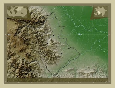 Yukhari-Karabağ, Azerbaycan bölgesi. Yükseklik haritası göller ve nehirlerle wiki tarzında renklendirilmiş. Bölgenin büyük şehirlerinin yerleri. Köşedeki yedek konum haritaları
