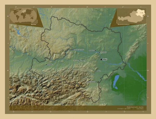 Niederosterreich Rakousko Barevná Mapa Jezery Řekami Umístění Názvy Velkých Měst — Stock fotografie