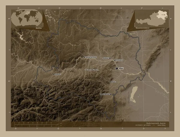 Niederosterreich Rakousko Zdvihová Mapa Zbarvená Sépiovými Tóny Jezery Řekami Umístění — Stock fotografie
