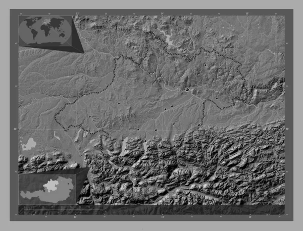 Oberosterreich Estado Austria Mapa Elevación Bilevel Con Lagos Ríos Ubicaciones —  Fotos de Stock