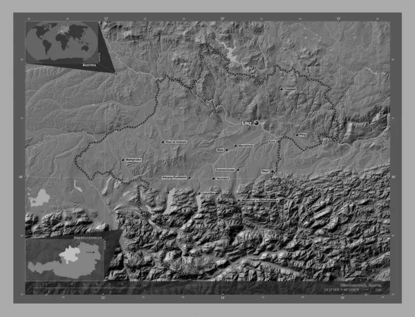 Oberosterreich Estado Austria Mapa Elevación Bilevel Con Lagos Ríos Ubicaciones — Foto de Stock