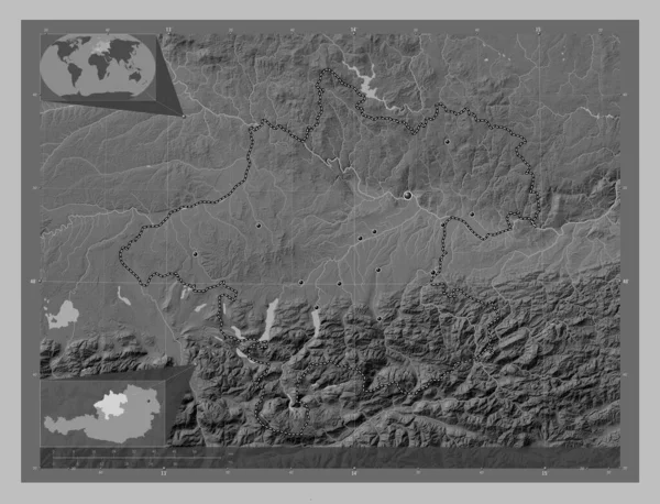 Oberosterreich State Austria Grayscale Elevation Map Lakes Rivers Locations Major — Stock Photo, Image