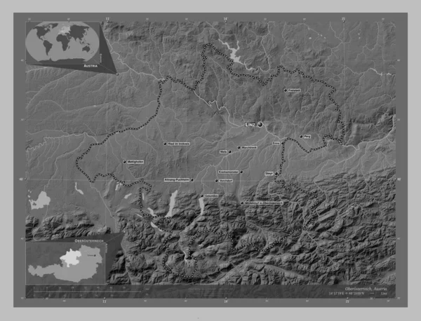 Oberosterreich Deelstaat Oostenrijk Grayscale Hoogte Kaart Met Meren Rivieren Locaties — Stockfoto