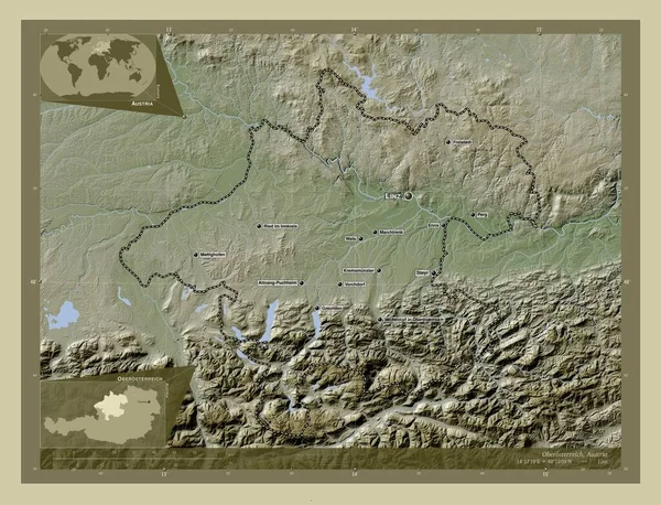 Oberosterreich Rakousko Zdvihová Mapa Zbarvená Stylu Wiki Jezery Řekami Umístění — Stock fotografie