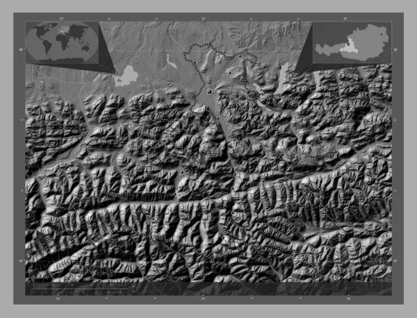 Salzburg Stan Austria Dwupoziomowa Mapa Jeziorami Rzekami Lokalizacje Dużych Miast — Zdjęcie stockowe