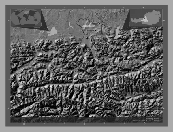 Salzburgo Estado Austria Mapa Elevación Bilevel Con Lagos Ríos Ubicaciones — Foto de Stock