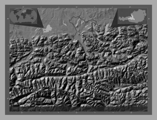 Salzburg State Austria Bilevel Elevation Map Lakes Rivers Corner Auxiliary — Stock Photo, Image