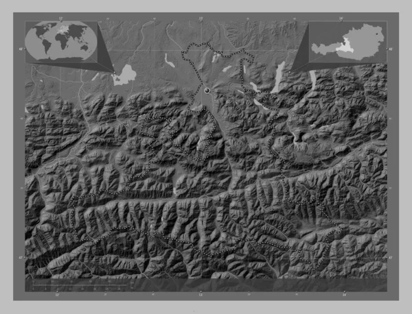 萨尔茨堡 奥地利国 带有湖泊和河流的灰度高程图 角辅助位置图 — 图库照片