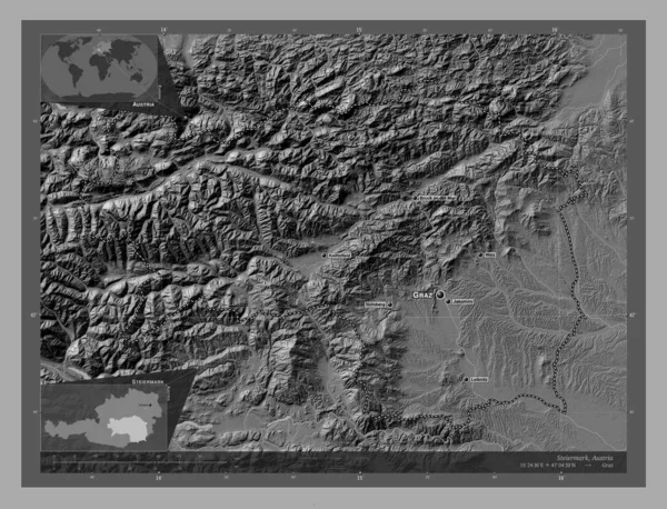 Steiermark Stát Rakousko Mapa Nadmořské Výšky Jezery Řekami Umístění Názvy — Stock fotografie