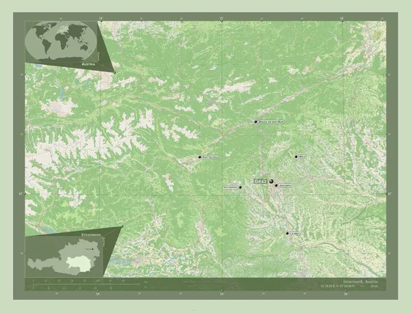 Steiermark Deelstaat Oostenrijk Open Plattegrond Locaties Namen Van Grote Steden — Stockfoto