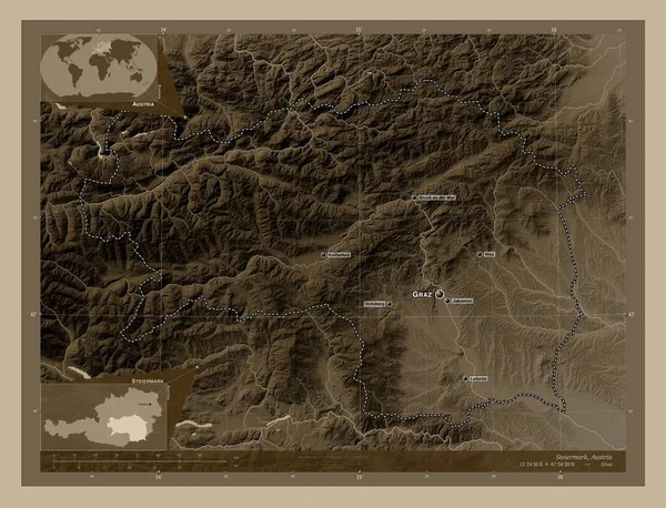 Steiermark Stato Dell Austria Mappa Elevazione Colorata Toni Seppia Con — Foto Stock