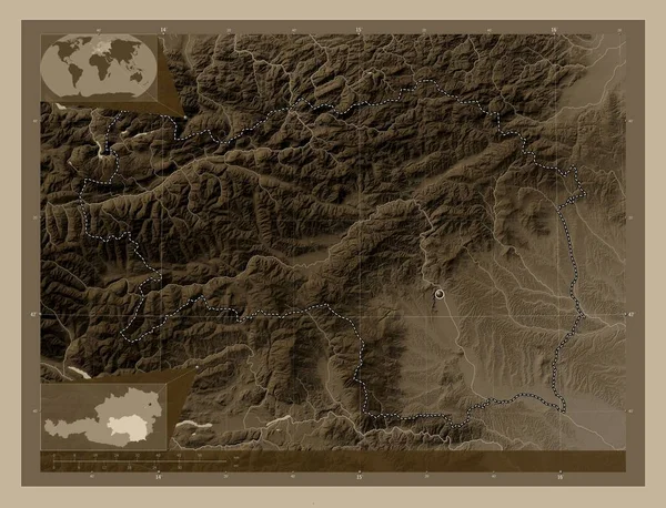 Steiermark Estado Austria Mapa Elevación Coloreado Tonos Sepia Con Lagos — Foto de Stock