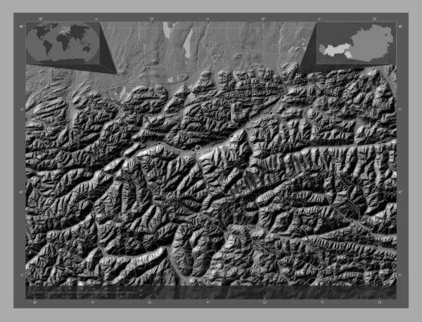 Tirol Estado Austria Mapa Elevación Bilevel Con Lagos Ríos Ubicaciones —  Fotos de Stock