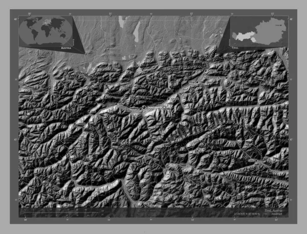 Tirol Estado Austria Mapa Elevación Bilevel Con Lagos Ríos Ubicaciones —  Fotos de Stock
