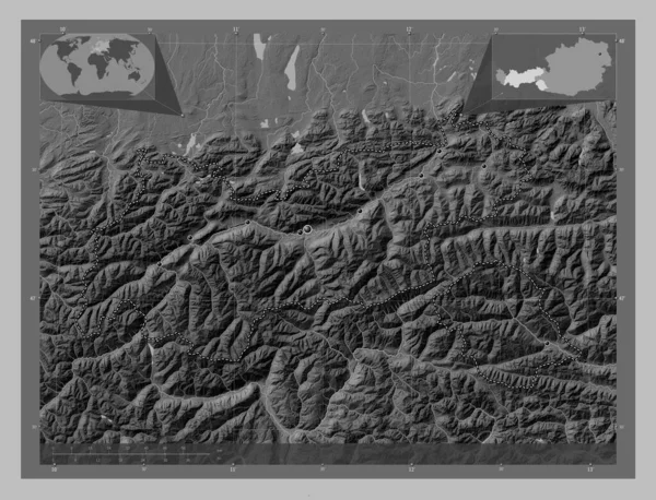 Tirol State Austria Grayscale Elevation Map Lakes Rivers Locations Major — Stock Photo, Image