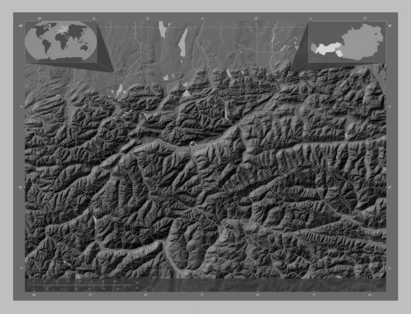 Tirol State Austria Grayscale Elevation Map Lakes Rivers Corner Auxiliary — Stock Photo, Image