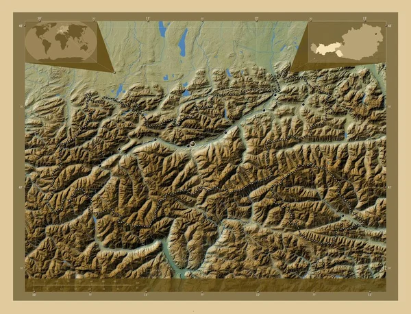 Tirol Estado Austria Mapa Elevación Colores Con Lagos Ríos Ubicaciones —  Fotos de Stock