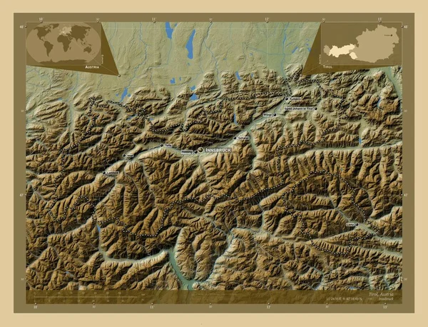 Tirolo Stato Dell Austria Mappa Elevazione Colorata Con Laghi Fiumi — Foto Stock