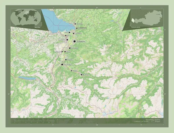 Vorarlberg Deelstaat Oostenrijk Open Plattegrond Locaties Namen Van Grote Steden — Stockfoto