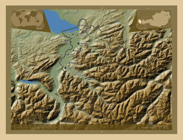 Форарльберг Штат Австрия Цветная Карта Высоты Озерами Реками Места Названия — стоковое фото