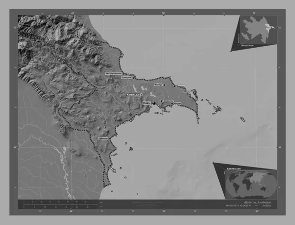 Absheron Región Azerbaiyán Mapa Elevación Bilevel Con Lagos Ríos Ubicaciones —  Fotos de Stock