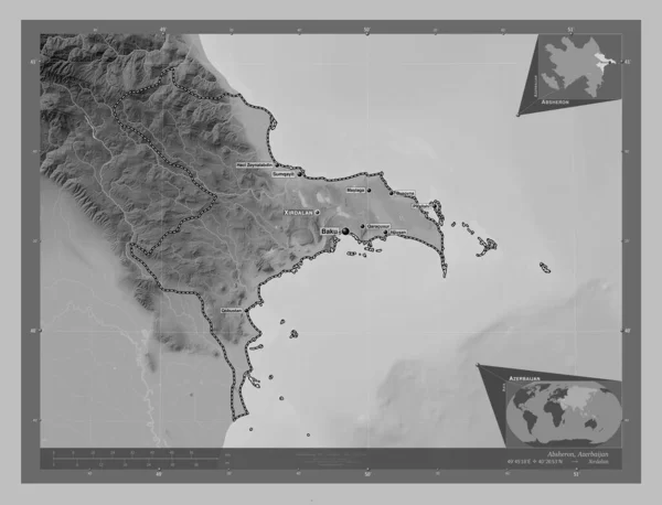 Absheron Regio Azerbeidzjan Grayscale Hoogte Kaart Met Meren Rivieren Locaties — Stockfoto
