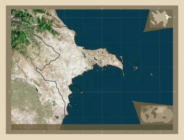 アゼルバイジャン アゼルバイジャンの地域 高解像度衛星地図 地域の主要都市の場所 コーナー補助位置図 — ストック写真