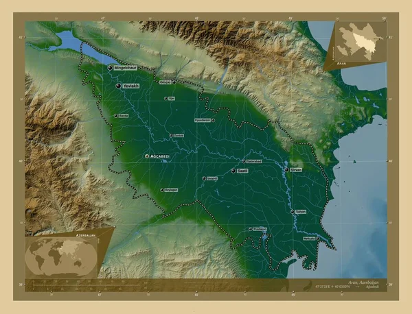 Aran Región Azerbaiyán Mapa Elevación Colores Con Lagos Ríos Ubicaciones — Foto de Stock