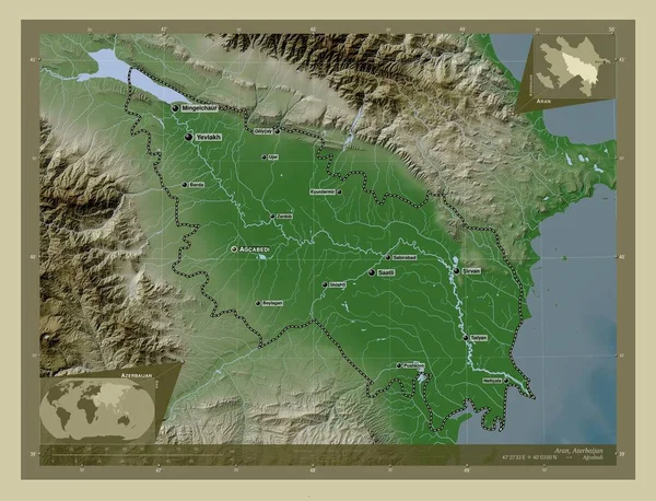 Aran Region Azerbejdżanu Mapa Wzniesień Kolorowa Stylu Wiki Jeziorami Rzekami — Zdjęcie stockowe