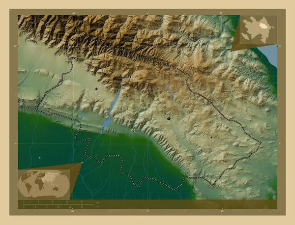 アゼルバイジャン共和国の領域 湖や川と色の標高マップ 地域の主要都市の場所 コーナー補助位置図 — ストック写真