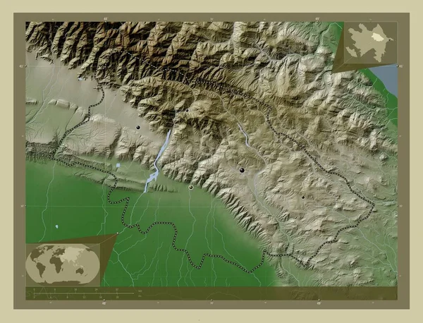 Daglig Shirvan 阿塞拜疆地区 用Wiki风格绘制的带有湖泊和河流的高程地图 该区域主要城市的所在地点 角辅助位置图 — 图库照片