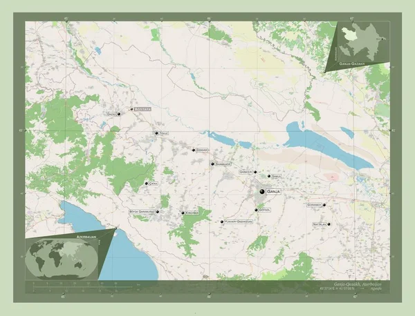 アゼルバイジャン地方のガンジャ カザフ ストリートマップを開く 地域の主要都市の位置と名前 コーナー補助位置図 — ストック写真