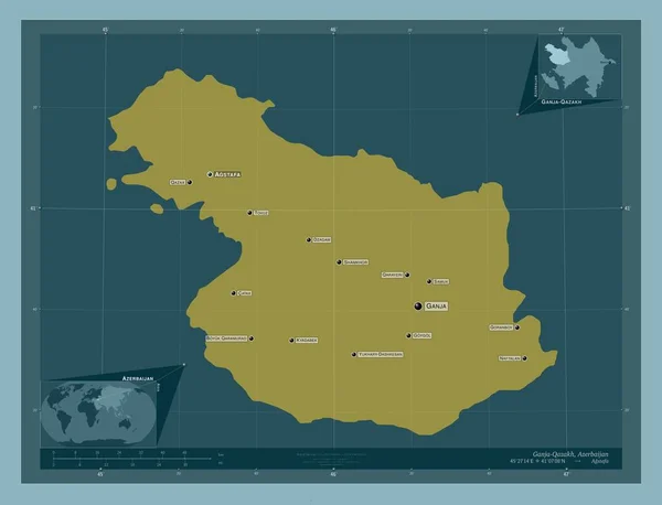 アゼルバイジャン地方のガンジャ カザフ しっかりした色の形 地域の主要都市の位置と名前 コーナー補助位置図 — ストック写真