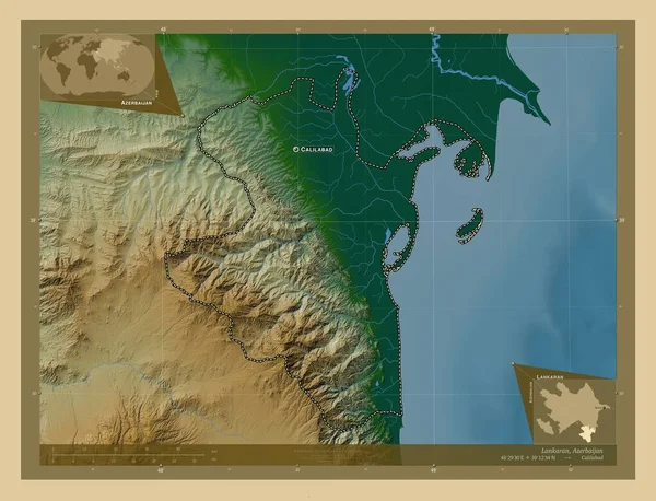 Lankaran Oblast Ázerbájdžánu Barevná Mapa Jezery Řekami Umístění Názvy Velkých — Stock fotografie