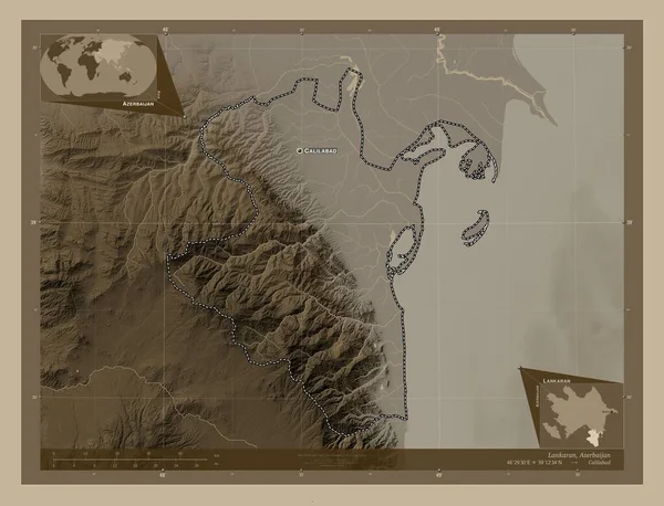 Lankaran Región Azerbaiyán Mapa Elevación Coloreado Tonos Sepia Con Lagos — Foto de Stock