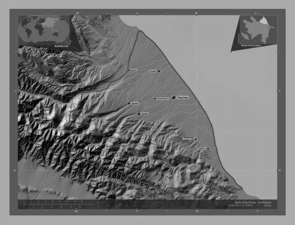 阿塞拜疆地区Quba Khachmaz 带湖泊和河流的比尔维尔高程图 该区域主要城市的地点和名称 角辅助位置图 — 图库照片