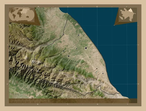 アゼルバイジャンの地域Quba Khachmaz 低解像度衛星地図 地域の主要都市の場所 コーナー補助位置図 — ストック写真