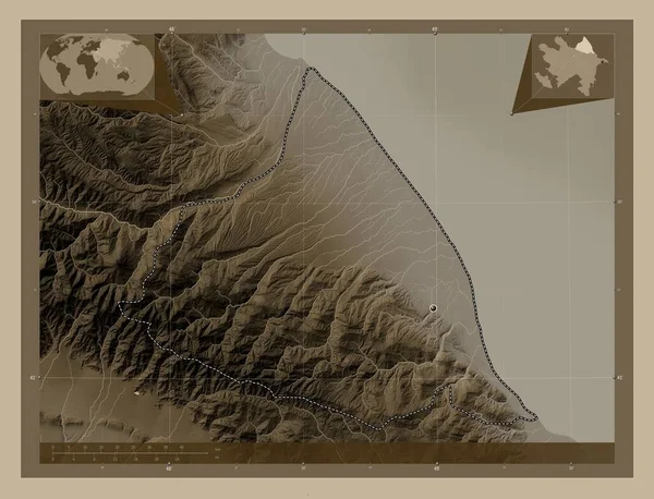 Куба Хачмаз Регион Азербайджана Карта Высоты Окрашенная Сепиевые Тона Озерами — стоковое фото
