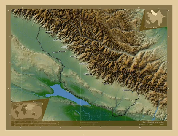 Shaki Zaqatala Regione Dell Azerbaigian Mappa Elevazione Colorata Con Laghi — Foto Stock