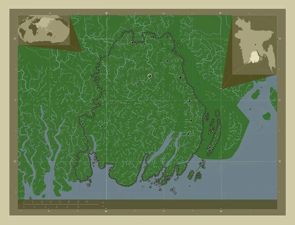 Barisal, division of Bangladesh. Elevation map colored in wiki style with lakes and rivers. Locations of major cities of the region. Corner auxiliary location maps